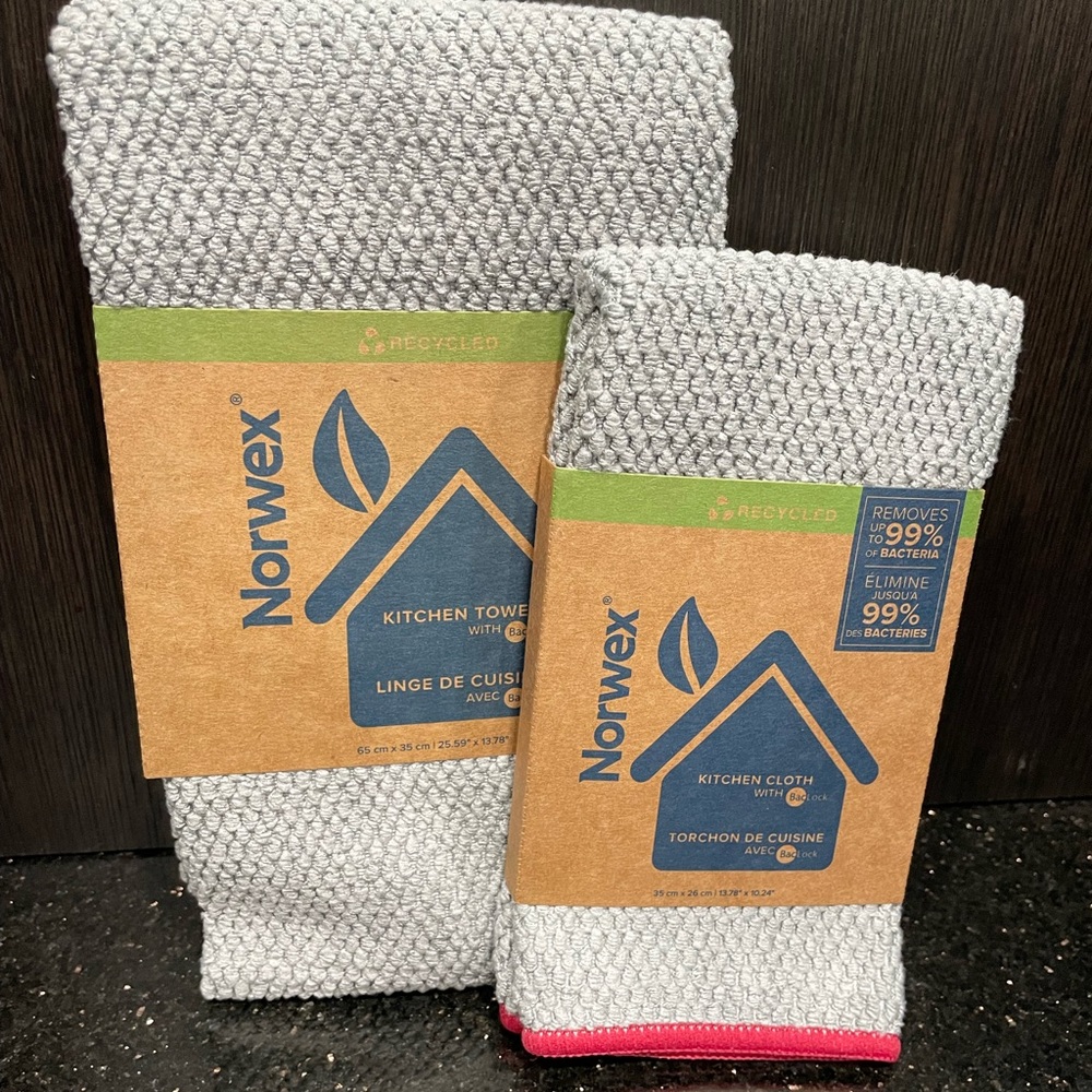 NORWEX Diamond Textured Kitchen Towel & Cloth Set Graphite with Pomegranate Trim - Picture 1 of 16